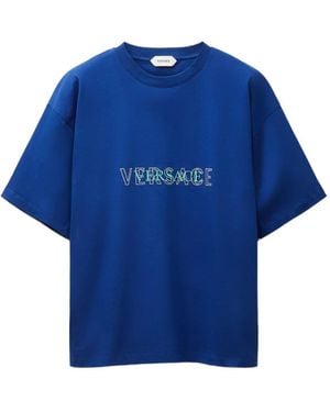 Versace Embroidered-Logo Cotton-Jersey Regular T-Shirt - Blue