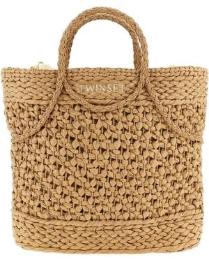 Twinset Woven Straw Logo Shopping Tote Bag - Metallic