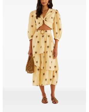FARM Rio Embroidered Trees Buckled Layered Midi Skirt - Natural