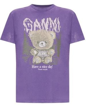 Ganni Camiseta Con Oso Estampado - Morado