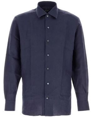 ZEGNA Button-Up Linen Shirt - Blue