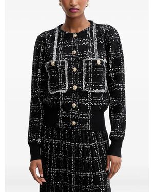 Silvian Heach Tweed-Fringed Button-Down Jacket - Black