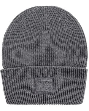 Dolce & Gabbana Ribbed Logo-Patch Beanie Hat - Grey