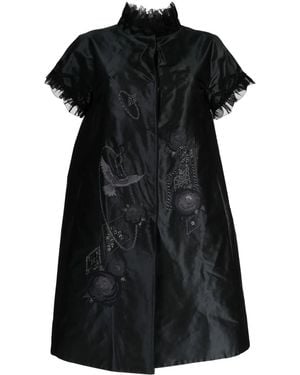Shiatzy Chen Silk Embroidered Ruffle-Trim Coat - Black