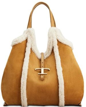 Tod's Shearling-Trimmed T-Buckle Shoulder Bag - Natural