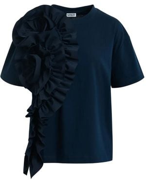 Essentiel Antwerp Ruffled-Detail Floral-Detail T-Shirt - Blue