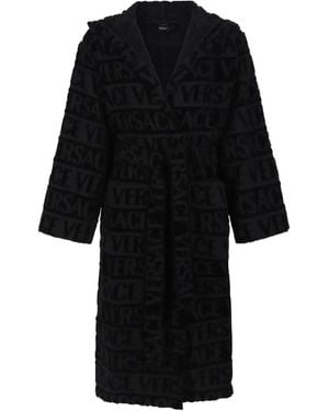 Versace Logo-Jacquard Hooded Bathrobe - Black