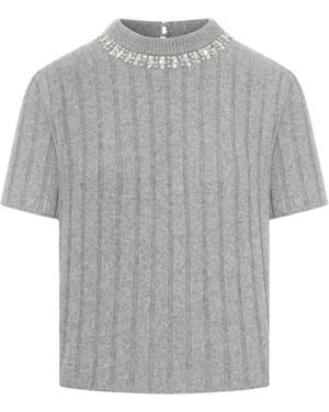 Gucci Jeweled Ribbed Wool Top - Gray