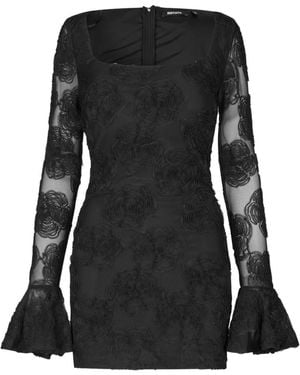 ROTATE BIRGER CHRISTENSEN Flower Mesh Long-Sleeve Mini Dress - Black
