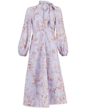 Zimmermann Tie-Neck Linen Dress Midi - Purple