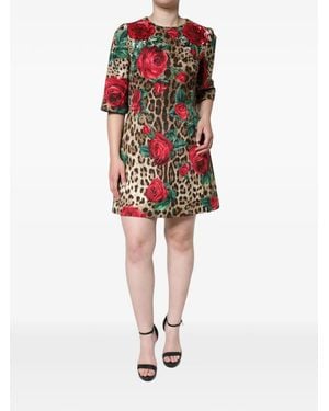 Dolce & Gabbana Leopard-Print Rose-Appliqué Mini Dress - Red