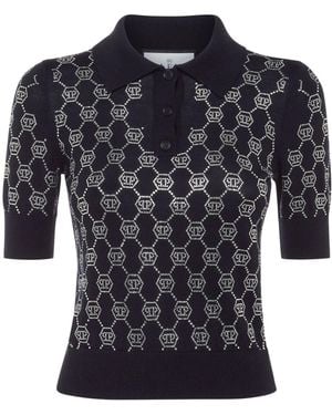 Philipp Plein Crystal-Embellished Polo Top - Black