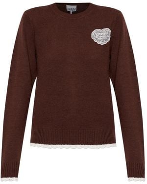 Ganni Pull À Col Rond En Laine - Marron