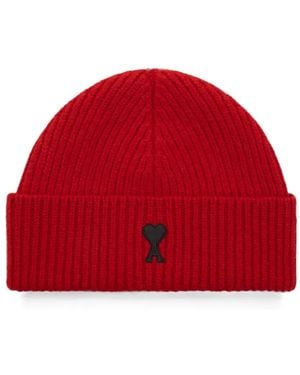 Ami Paris Wool Beanie With Ami De Coeur - Red