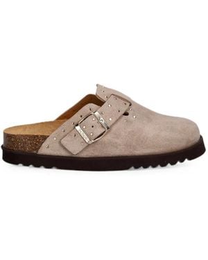 Scholl Studded Buckled Slides - Brown