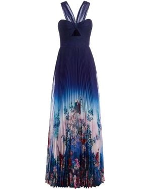 Marchesa Floral-Print Pleated Gown - Blue