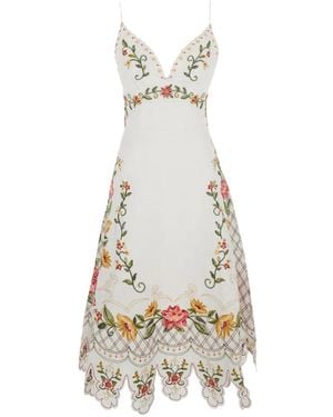FARM Rio Besticktes Midikleid Mit Wellensaum - Weiß