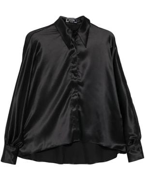 Styland Kimono-Sleeve Satin Shirt - Black