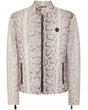 Philipp Plein Python-Leather Moto Jacket - White