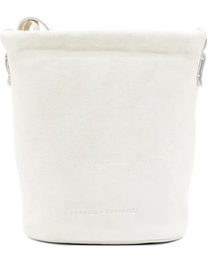 Brunello Cucinelli Monili-Embellished Suede Shoulder Bag - White