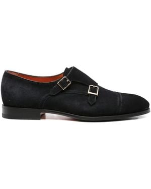 Santoni Double-Buckle Suede Monk Shoes - Black