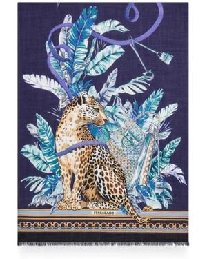 Ferragamo Feline-Print Pure-Wool Stole - Blue
