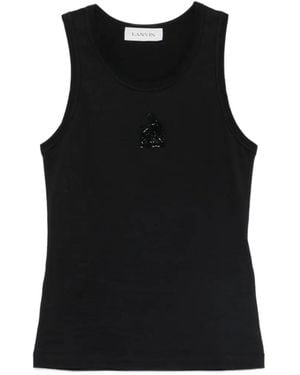 Lanvin Beaded-Logo Ribbed Tank Top - Black