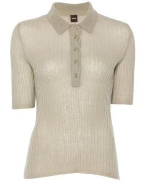 BOSS Ribbed-Knit Polo Top - Natural