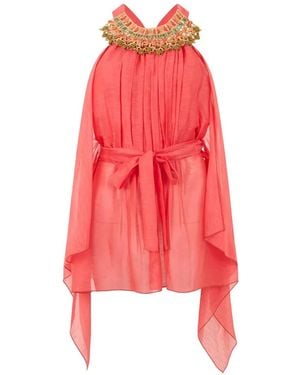 Alberta Ferretti Bead-Embellished Belted Blouse - Red