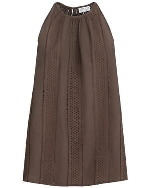 Brunello Cucinelli Techno Cotton Poplin Broderie Anglaise Top With Monili - Brown