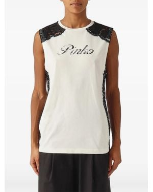 Pinko Lace-Trim Logo-Print Top - White