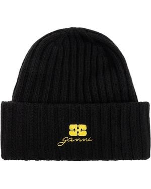 Ganni Logo-Embroidered Beanie Hat - Black