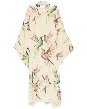 Psophia Bird-Print Long-Sleeve Midi Dress - White