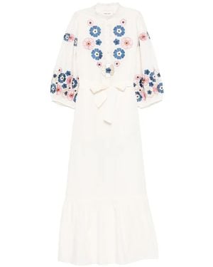 Antik Batik Gerüschtes Amantina Kleid Mit Blumenstickerei - Weiß