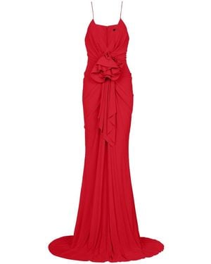 Balmain Floral-Appliqué Pleated Gown - Red