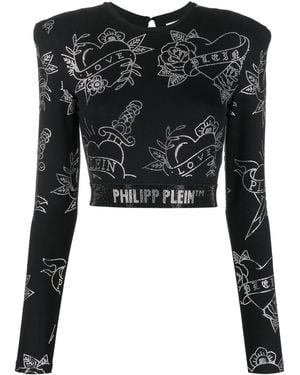 Philipp Plein Crystal-Embellished Long-Sleeved Top - Black