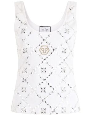 Philipp Plein Sequin Rhinestone Tank Top - White
