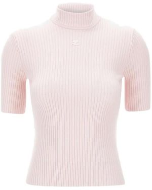 Courreges Ribbed Logo Knit T-Shirt - Pink