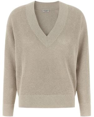 Brunello Cucinelli Openwork V-neck sweater - Gris