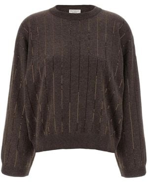 Brunello Cucinelli Sequin-Striped Cashmere Jumper - Brown