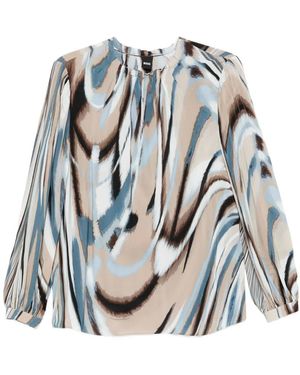 BOSS Abstract-Print Puff-Sleeve Blouse - White