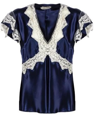 Alberta Ferretti V-Neck Lace-Detail Blouse - Blue