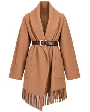 ViCOLO Belted Fringe-Trim Coat - Brown