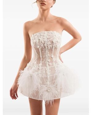 IMROSKA 29 Feather-Trim Floral-Appliqué Mini Dress - White