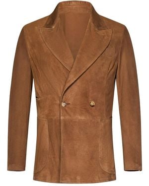 Franzese Collection Double-Breasted Peak-Lapel Suede Jacket - Brown