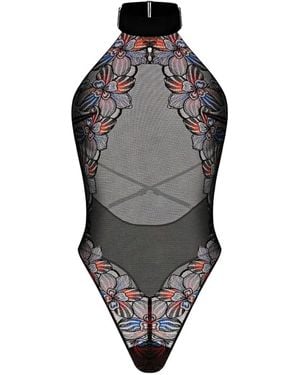 Zhilyova Laia Floral-Embroidered Halter Bodysuit - Grey