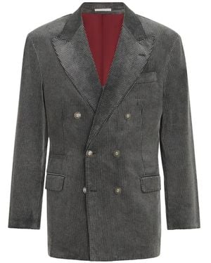 Brunello Cucinelli Frosted Cotton Corduroy One-And-A-Half Breasted Tailor Blazer With Metal Buttons - Gray