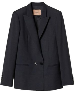 Twinset Double-Breasted Wool-Blend Blazer - Blue
