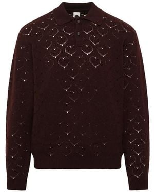 vowels Pointelle Gebreide Wollen Poloshirt - Rood