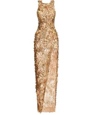Oscar de la Renta Feather-Embellished Maxi Dress - Metallic